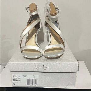 Jessica Simpson Rayli Matte Satin White Crisscross Ankle-Strap Heels